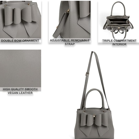 NEW! 3D Bow Vegan Leather 3-Way wear Grey Satchel, Crossbody, & Shoulder (Large) - Picture 8 of 13